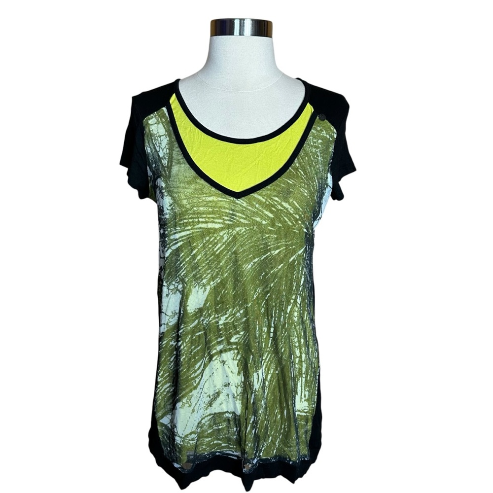Mado Et Les Autres Abstract Mesh Lime Green Tropical Short Sleeve Blouse Top M
